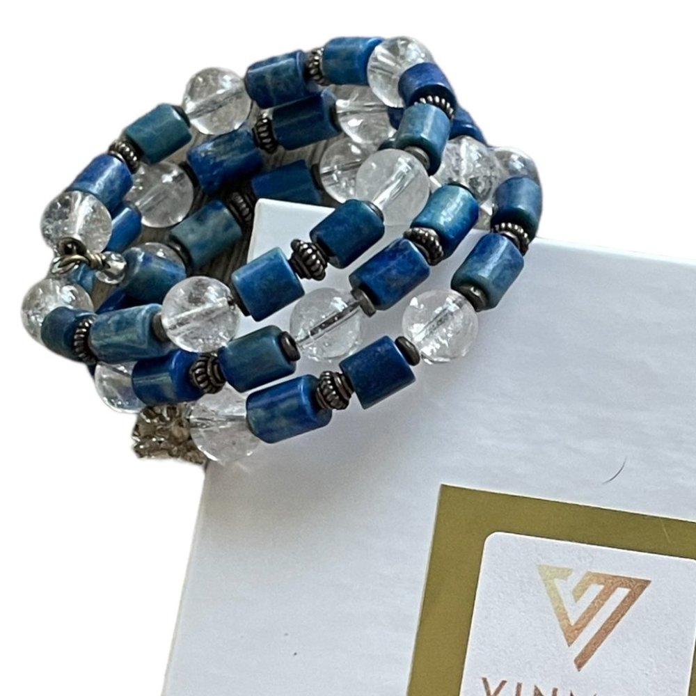 Vintage Blue & White Beads Upcycled - VINMOD Designs Wire Wrap Bracelet - SMALL